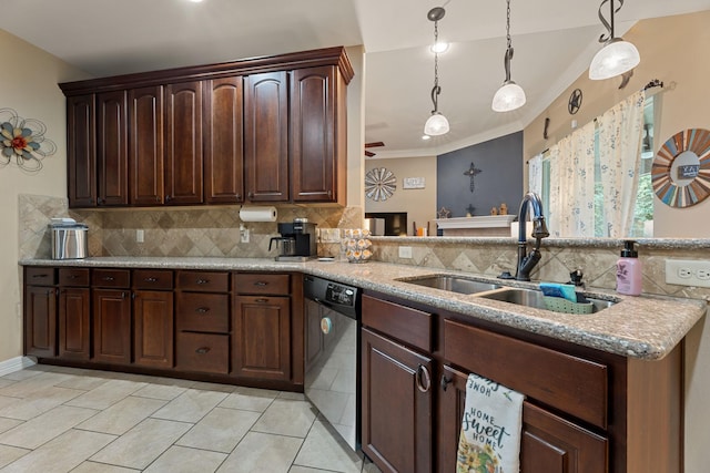 22206 Lantana Dr, Magnolia, TX 77355 - kitchen with dishwasher, tasteful backsplash, hanging light fixtures, light stone countertops, and ornamental molding