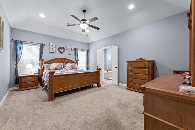 22206 Lantana Dr, Magnolia, TX 77355 - bedroom with light carpet, ceiling fan, recessed lighting, and ensuite bath