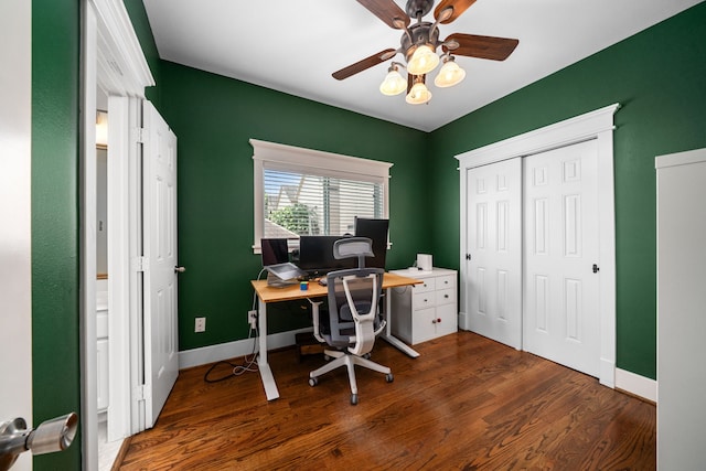 2111 Beall St, Houston, TX 77008 - office with ceiling fan and dark wood-style flooring