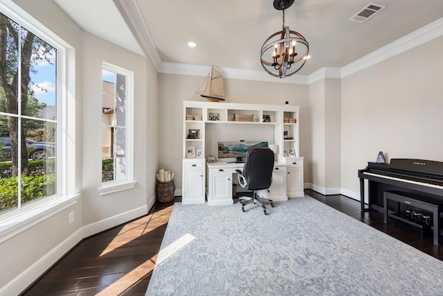 8550 Tombron Grove Rd, Magnolia, TX 77354 - office area with plenty of natural light, a chandelier, dark wood-style floors, crown molding, and recessed lighting
