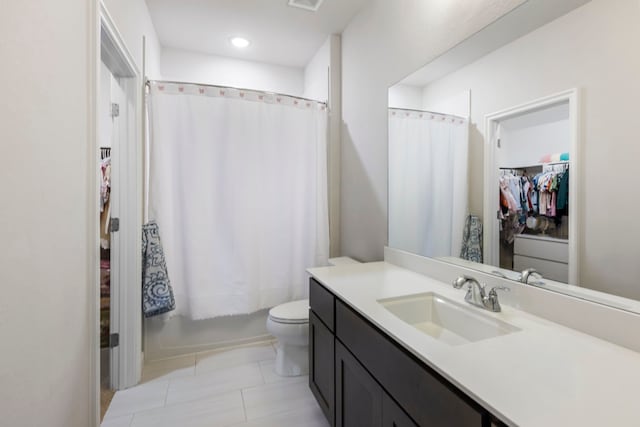 8550 Tombron Grove Rd, Magnolia, TX 77354 - full bath featuring vanity, tile patterned flooring, recessed lighting, and shower / bath combo with shower curtain