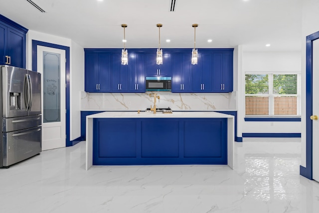 7831 Sandy St, Houston, TX 77028 - kitchen with stainless steel refrigerator with ice dispenser, tasteful backsplash, light marble finish flooring, light countertops, and recessed lighting