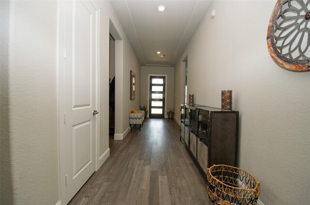 4143 Shackleton Ct, Iowa Colony, TX 77583 - doorway with dark wood-style flooring and recessed lighting