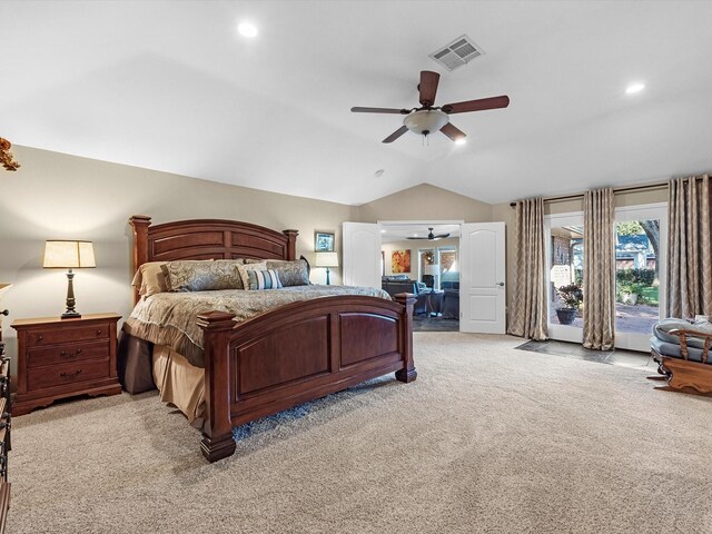 4710 Mckeever Ln, Missouri City, TX 77459 - bedroom with vaulted ceiling, light carpet, access to outside, ceiling fan, and recessed lighting