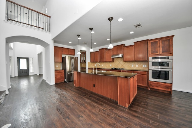 4330 Lasker Brook Ct, Katy, TX 77494 - kitchen featuring appliances with stainless steel finishes, under cabinet range hood, arched walkways, dark wood-style flooring, and a kitchen island with sink