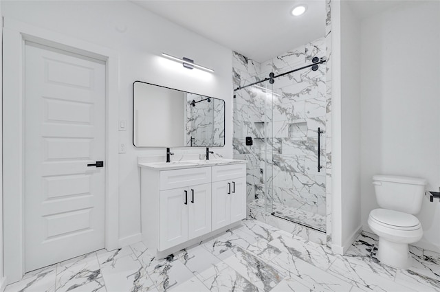 7922 Sealey St, Houston, TX 77088 - bathroom with marble finish flooring, double vanity, a marble finish shower, and recessed lighting