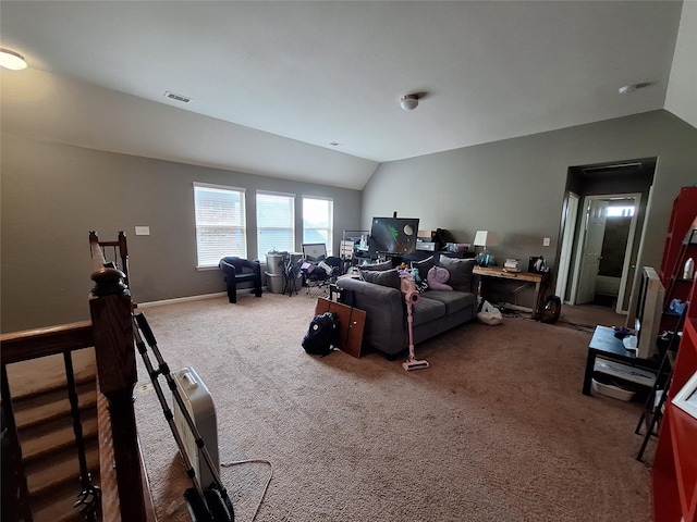 20331 Weeping Pine Way, Richmond, TX 77407 - living room featuring lofted ceiling and carpet flooring