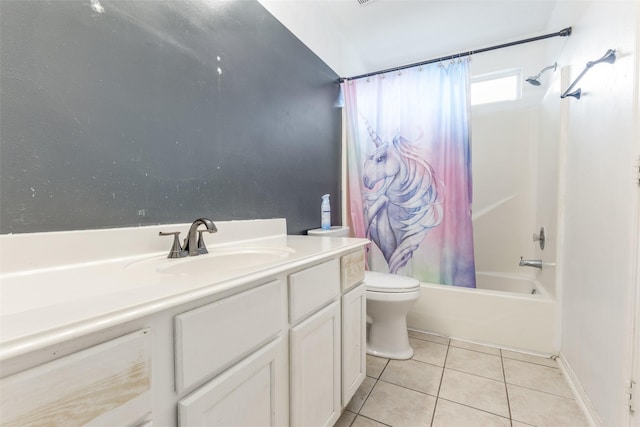 3038 Rainmont Ln, Katy, TX 77449 - bathroom featuring shower / bathtub combination with curtain, tile patterned floors, and vanity