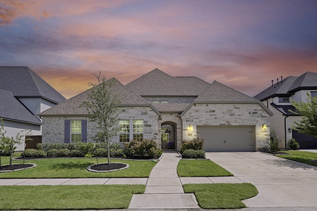 6919 Shoreline View Dr, Katy, TX 77493 - french country inspired facade featuring concrete driveway, an attached garage, a lawn, stone siding, and roof with shingles