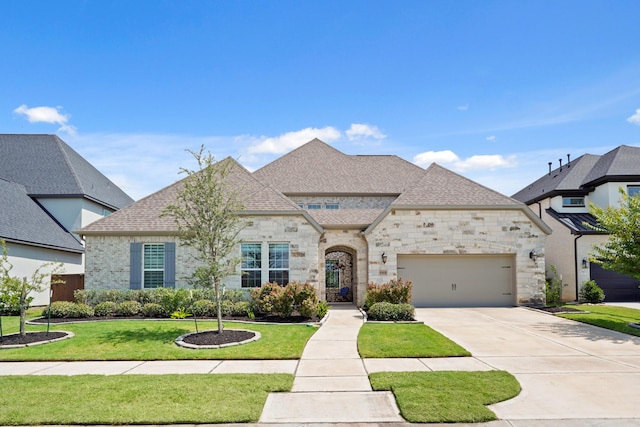 6919 Shoreline View Dr, Katy, TX 77493 - french country style house with a garage, driveway, a front lawn, and stone siding