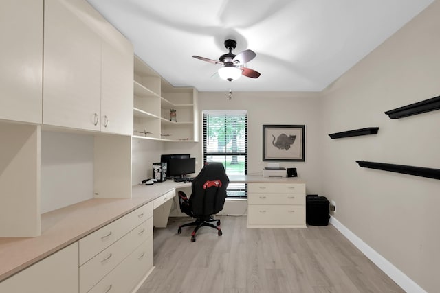 58 Sandpebble Dr, Spring, TX 77381 - office space with a ceiling fan, light wood-style flooring, and built in study area