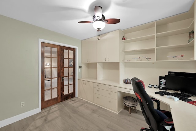58 Sandpebble Dr, Spring, TX 77381 - office space featuring french doors, built in desk, light wood-type flooring, and ceiling fan