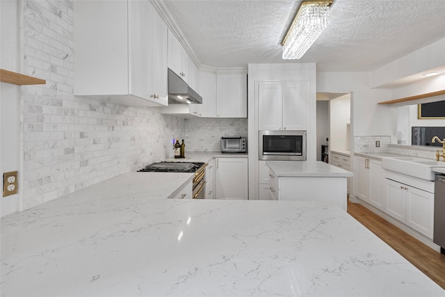 8033 Oakwood Forest Dr, Houston, TX 77040 - kitchen featuring stainless steel appliances, under cabinet range hood, open shelves, a textured ceiling, and tasteful backsplash