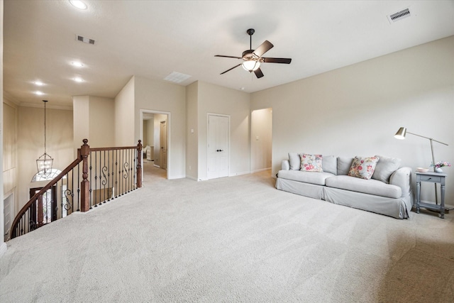 5119 Kendalia Cloud Ln, Fulshear, TX 77441 - living room with ceiling fan, carpet, and recessed lighting