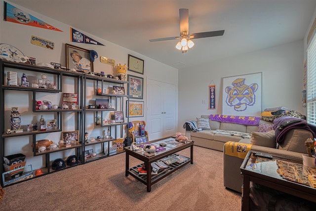 7227 Birchville Dr, Rosharon, TX 77583 - living area with a ceiling fan and light colored carpet