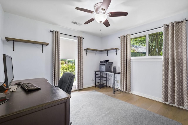 5907 Beaudry Dr, Houston, TX 77035 - office area with ceiling fan and wood finished floors