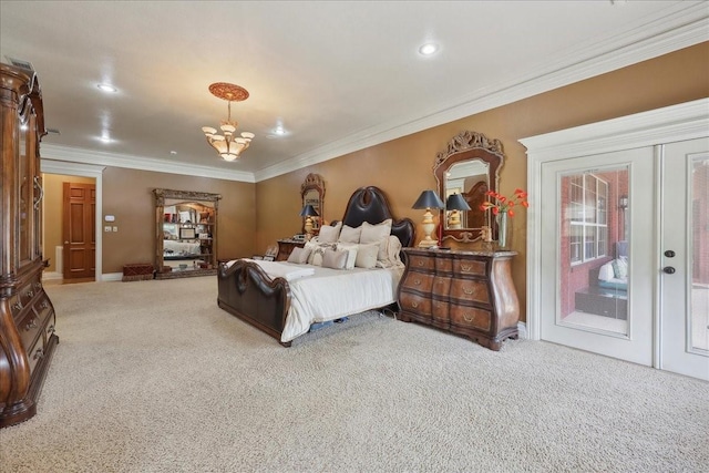 7510 Shadow Creek Dr, Beaumont, TX 77707 - bedroom with access to exterior, carpet, crown molding, a chandelier, and recessed lighting