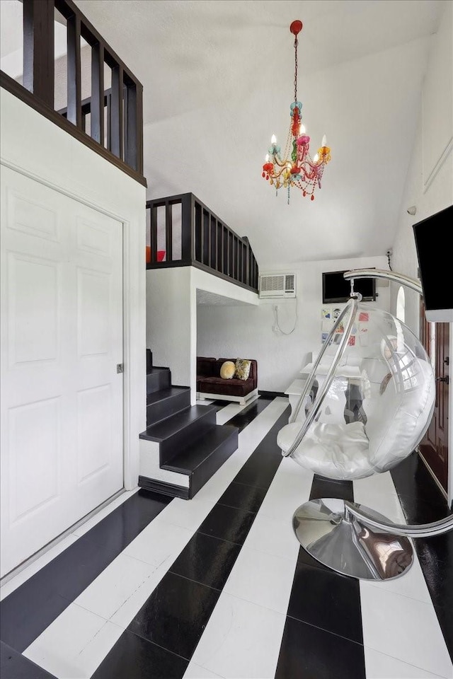 7510 Shadow Creek Dr, Beaumont, TX 77707 - tiled foyer featuring lofted ceiling, a chandelier, and stairway