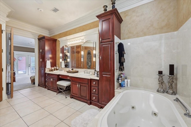 7510 Shadow Creek Dr, Beaumont, TX 77707 - full bathroom featuring double vanity, a jetted tub, tile patterned floors, and crown molding