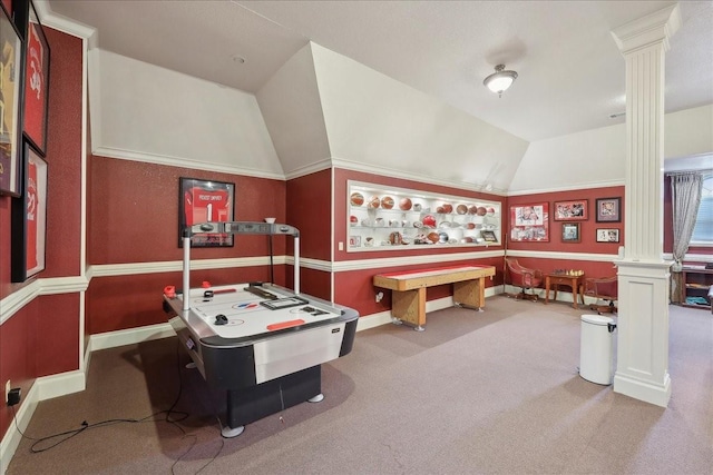 7510 Shadow Creek Dr, Beaumont, TX 77707 - recreation room with decorative columns, lofted ceiling, and carpet