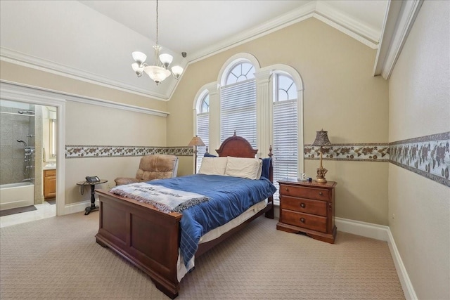 7510 Shadow Creek Dr, Beaumont, TX 77707 - bedroom with vaulted ceiling, a chandelier, crown molding, carpet floors, and connected bathroom