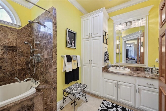 7510 Shadow Creek Dr, Beaumont, TX 77707 - bathroom featuring crown molding, vanity, tile patterned flooring, and tiled shower / bath