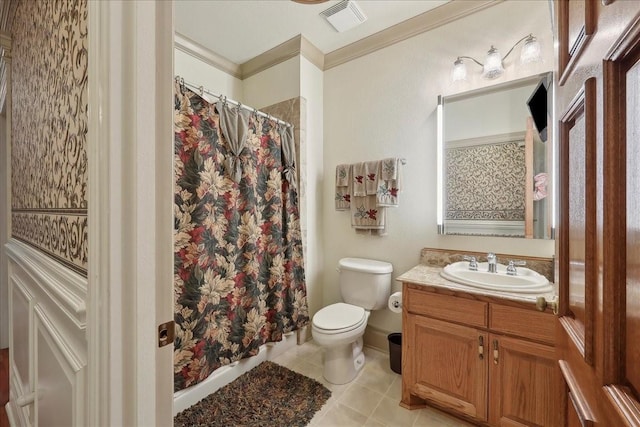 7510 Shadow Creek Dr, Beaumont, TX 77707 - full bathroom featuring vanity, tile patterned floors, curtained shower, and crown molding