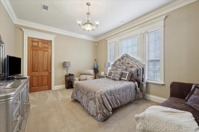 7510 Shadow Creek Dr, Beaumont, TX 77707 - bedroom featuring multiple windows, ornamental molding, a chandelier, and light carpet