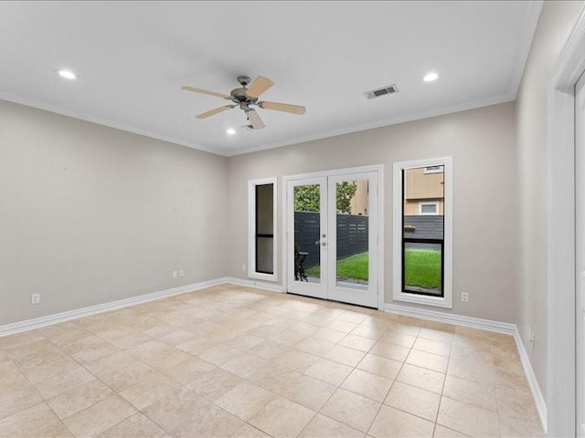 405 Reinerman St, Houston, TX 77007 - unfurnished room featuring a ceiling fan, recessed lighting, ornamental molding, and light tile patterned floors