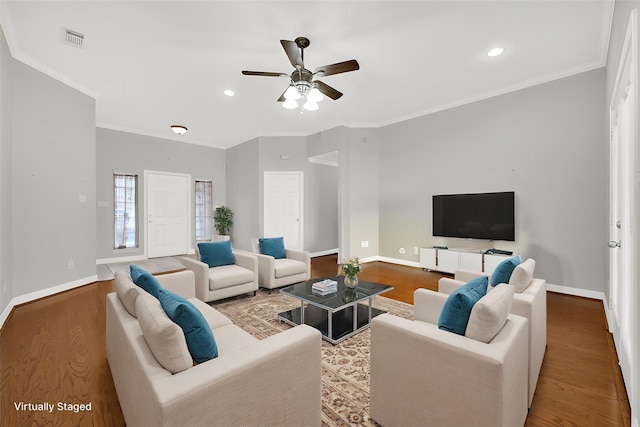 13314 Kaylee Ln, Santa Fe, TX 77510 - living area with wood finished floors, ceiling fan, ornamental molding, and recessed lighting