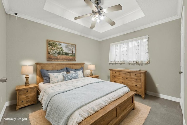 13314 Kaylee Ln, Santa Fe, TX 77510 - bedroom with a tray ceiling, light carpet, crown molding, and a ceiling fan