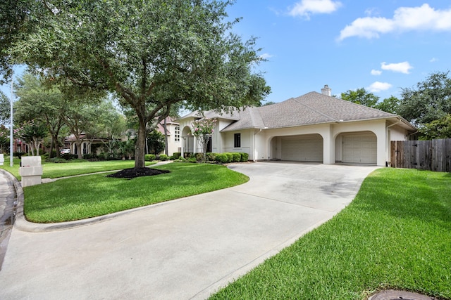13722 Vinery Ln, Cypress, TX 77429 - ranch-style home with stucco siding, a garage, driveway, a chimney, and roof with shingles