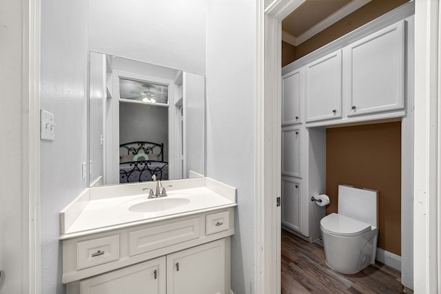 13722 Vinery Ln, Cypress, TX 77429 - ensuite bathroom with wood finished floors, vanity, and a ceiling fan