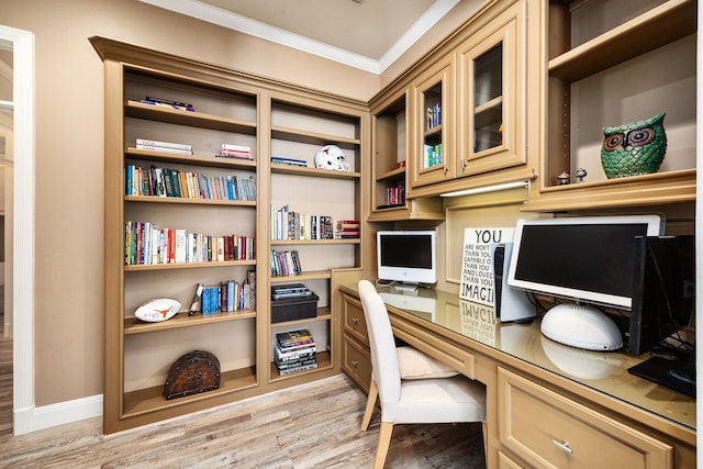 13722 Vinery Ln, Cypress, TX 77429 - office space with built in desk, light wood-style floors, and crown molding