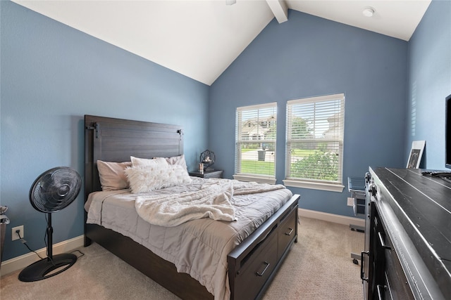2619 Portland Ave, College Station, TX 77845 - bedroom with light carpet, beamed ceiling, and high vaulted ceiling