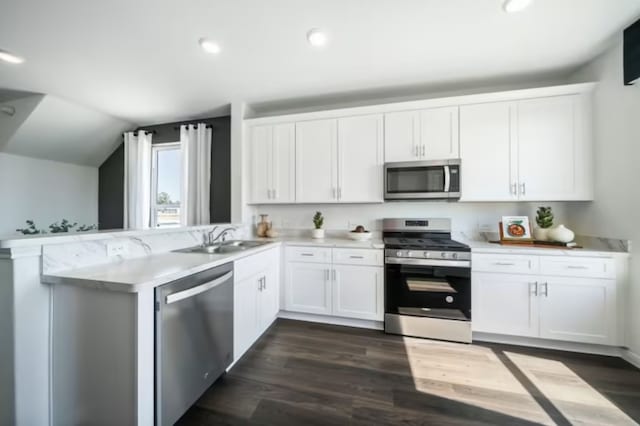 16424 Windy Cove Ct, Conroe, TX 77378 - kitchen featuring stainless steel appliances, light countertops, a peninsula, white cabinetry, and lofted ceiling