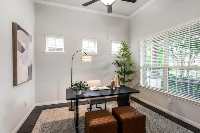 18723 Pilot Knolls Dr, Cypress, TX 77433 - office featuring dark wood-type flooring, crown molding, and ceiling fan