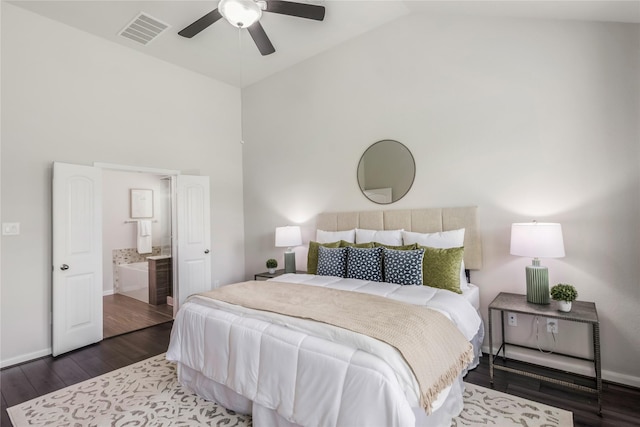 18723 Pilot Knolls Dr, Cypress, TX 77433 - bedroom with wood finished floors, high vaulted ceiling, ensuite bath, and ceiling fan