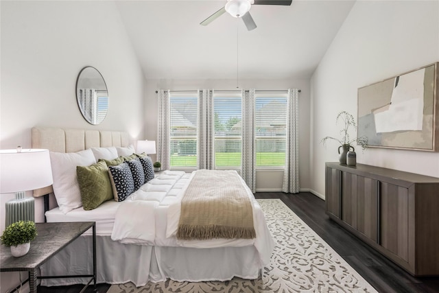 18723 Pilot Knolls Dr, Cypress, TX 77433 - bedroom with vaulted ceiling, dark wood-type flooring, and ceiling fan
