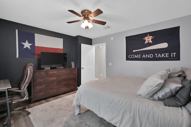 17214 Shadow Valley Dr, Spring, TX 77379 - bedroom featuring wood finished floors, ceiling fan, a desk, and a textured ceiling