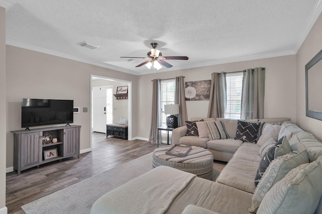 17214 Shadow Valley Dr, Spring, TX 77379 - living area featuring ceiling fan, wood finished floors, a textured ceiling, and crown molding
