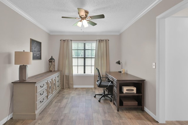 17214 Shadow Valley Dr, Spring, TX 77379 - office with a textured ceiling, a ceiling fan, light wood finished floors, and ornamental molding
