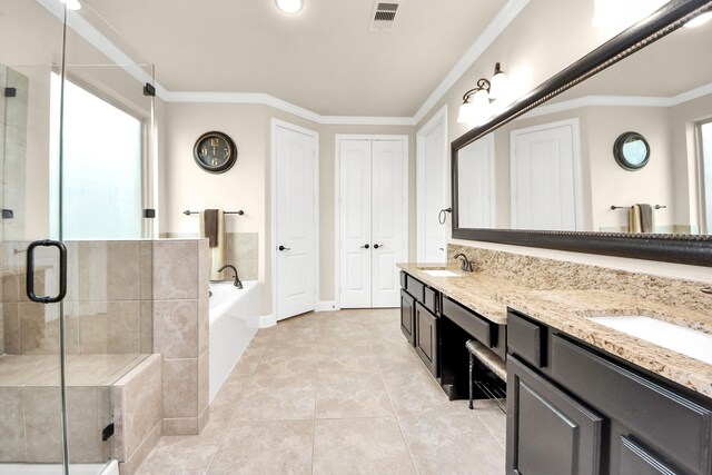 13309 Kemper Rock Ct, Rosharon, TX 77583 - full bath featuring a bath, double vanity, tile patterned flooring, a stall shower, and crown molding