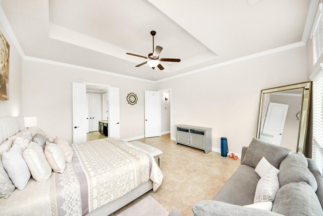 13309 Kemper Rock Ct, Rosharon, TX 77583 - bedroom with a tray ceiling, light tile patterned floors, ceiling fan, and ornamental molding