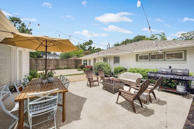 2031 Cheshire Ln, Houston, TX 77018 - view of patio featuring an outdoor living space with a fire pit, outdoor dining area, and grilling area