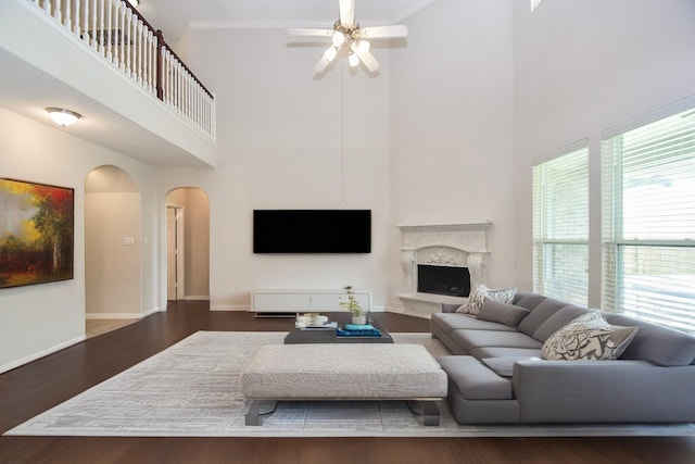 5506 Plumero Meadow Dr, Katy, TX 77494 - living room with a high ceiling, arched walkways, a ceiling fan, wood finished floors, and a premium fireplace