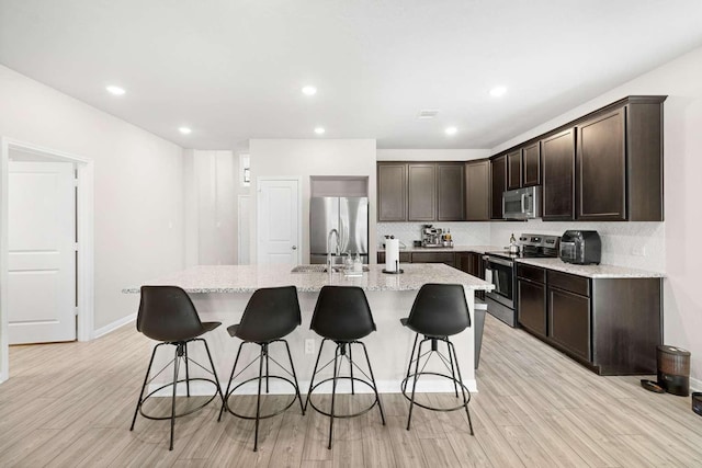 1925 Viva Rd, Bryan, TX 77807 - kitchen featuring appliances with stainless steel finishes, decorative backsplash, dark brown cabinets, a kitchen breakfast bar, and recessed lighting