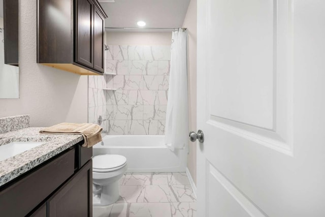 1925 Viva Rd, Bryan, TX 77807 - bathroom featuring vanity, marble look tiles, shower / bath combination with curtain, and recessed lighting