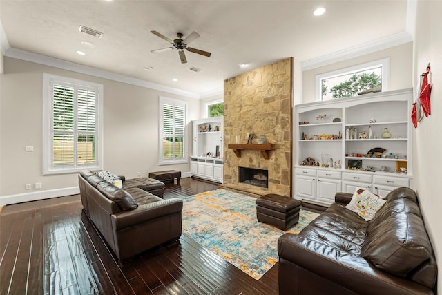 27514 Siandra Creek Ln, Spring, TX 77386 - living area featuring a ceiling fan, healthy amount of natural light, ornamental molding, dark wood-style floors, and recessed lighting