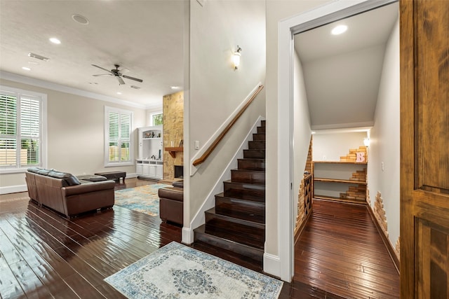 27514 Siandra Creek Ln, Spring, TX 77386 - stairs featuring hardwood / wood-style flooring, ceiling fan, ornamental molding, and recessed lighting